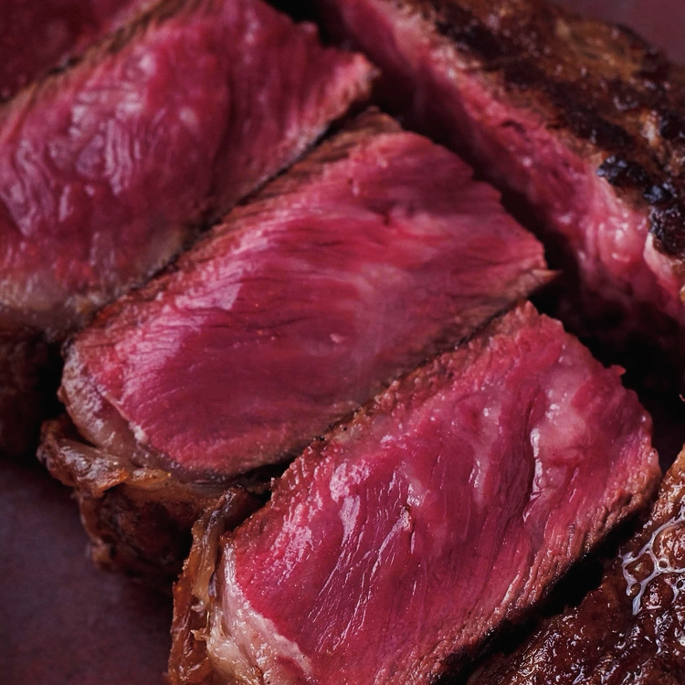 Close-up of sliced medium-rare Wagyu steak