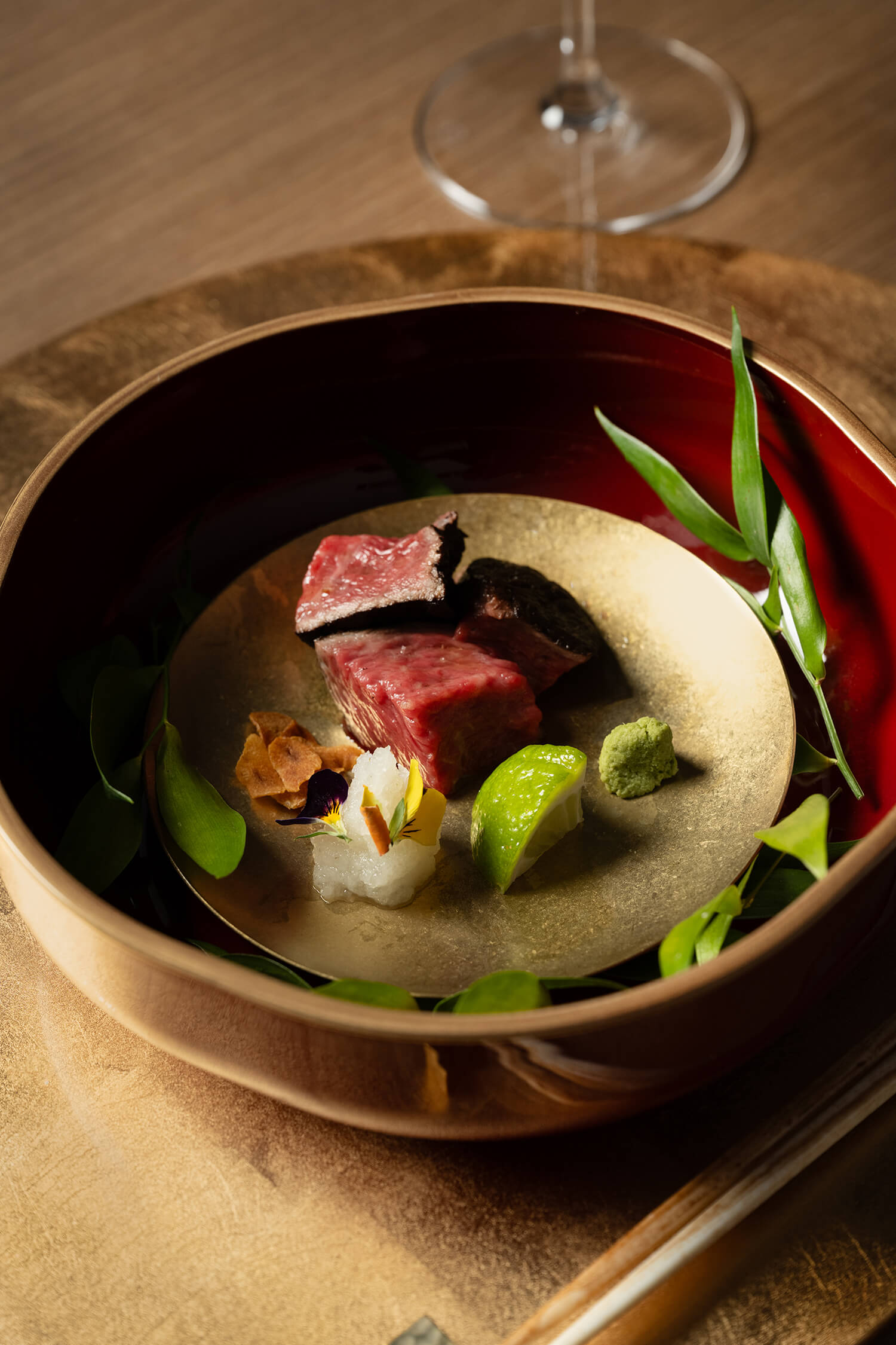 Seared Wagyu with wasabi and seasonal garnishes